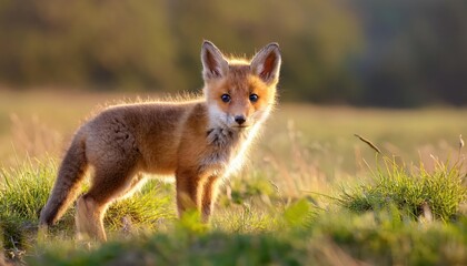 Naklejka premium Red Fox Cub Frolicking in Spring Meadow Playful Vitality amidst Lush Green Fields and Blooming Wildflowers