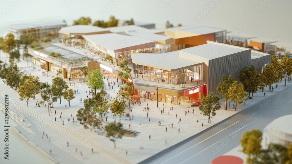 Poster high-resolution image of a detailed maquette showing the expansion of a shopping mall with new store