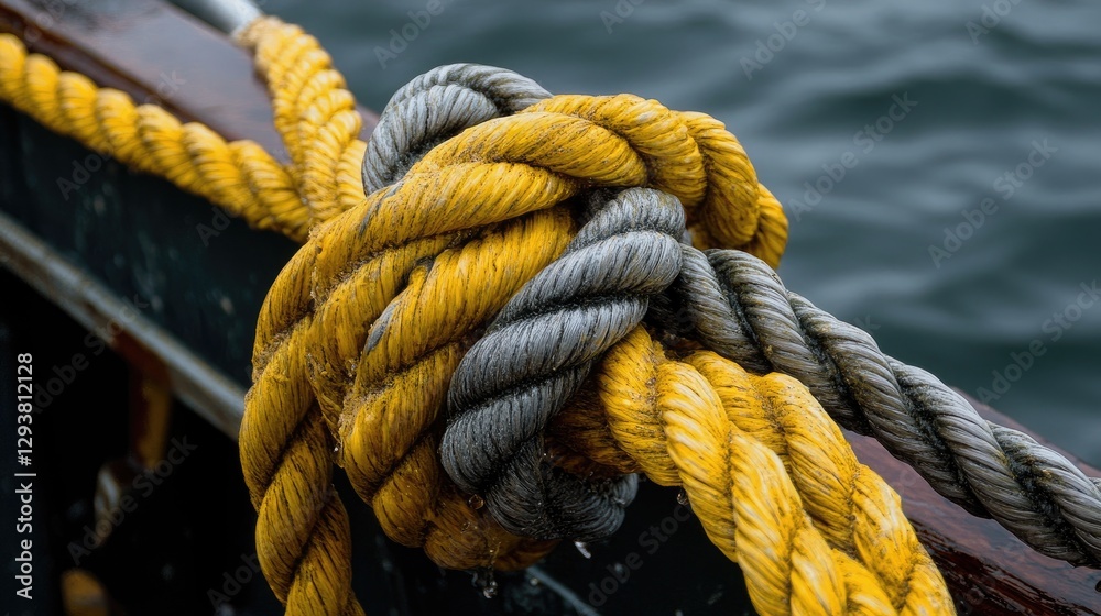 Poster high-resolution image of a yellow and gray rope tied to a boat, showcasing the tight knot and its us
