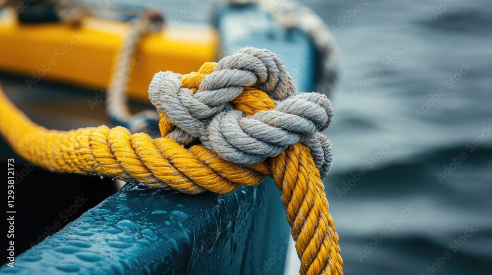 Poster high-resolution image of a yellow and gray rope tied to a boat, showcasing the tight knot and its us