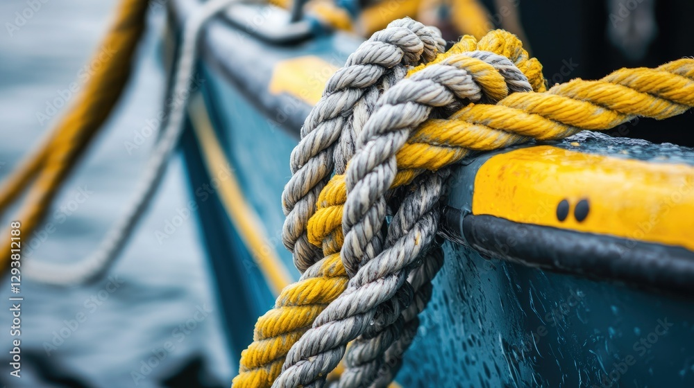 Poster high-resolution image of a yellow and gray rope tied to a boat, showcasing the tight knot and its us