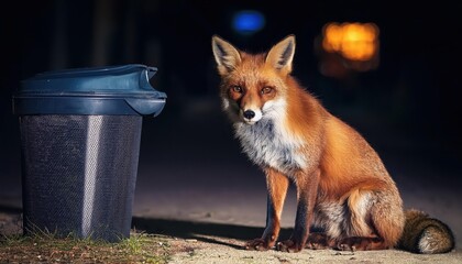 Obraz premium Nightly Encounter Red Fox near Litter Bin, Illuminated in Reds and Shadows, Showcasing a Captivating Wildlife Moment with Urban Backdrop