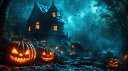 Halloween 3D background Concept: evil pumpkins and haunted house. Spooky scary Dark Night forest. Perfect for October holiday event, festive banner, computer desktop, marketing advertising. copy space