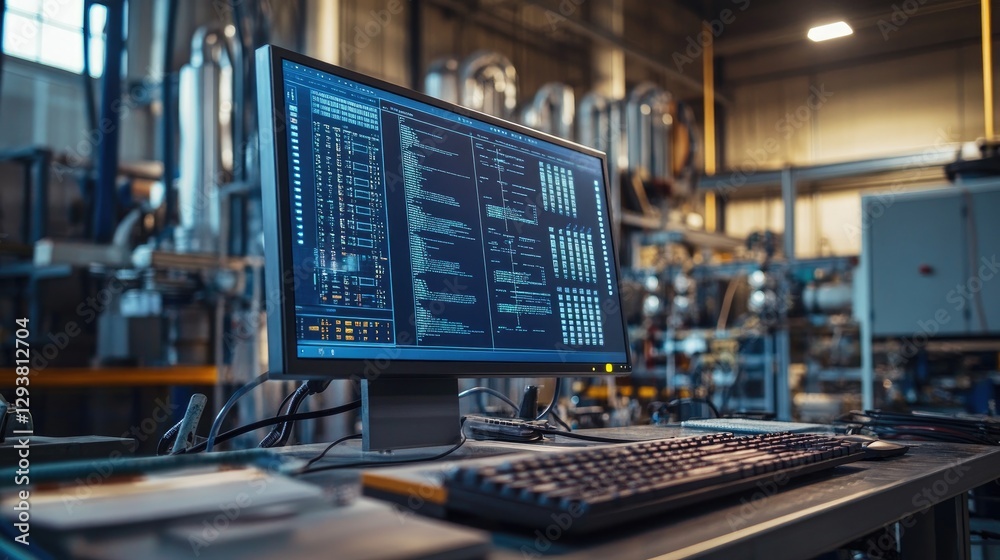 Poster In a rugged industrial workshop, a robust computer screen showcases dynamic programming code, with exposed wires and metal panels highlighting the tough technological environment