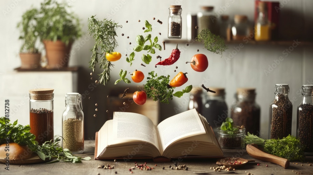 Poster innovative cookbook display with various spices and cooking ingredients floating above, suspended mi