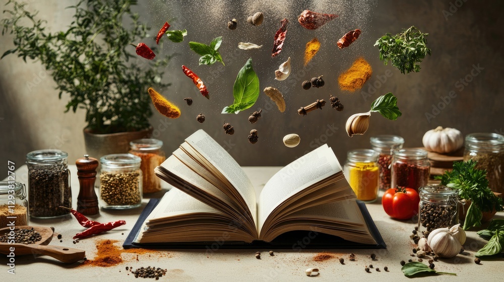 Poster innovative cookbook display with various spices and cooking ingredients floating above, suspended mi