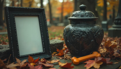 Pet memorial urn and blank frame with dog bone in autumn cemetery