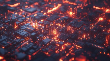 Obraz premium Abstract Futuristic Cityscape Digital Art Glowing Orange Circuit Board Technology Background
