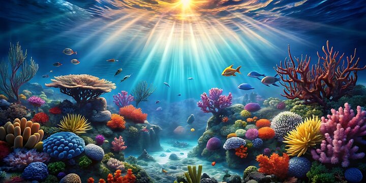 Vibrant Underwater Coral Reef with Sunlight Rays