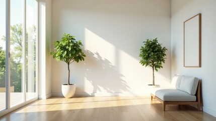 Sunlit minimalist interior design featuring a light wood floor, a simple white couch, and two potted plants casting shadows on a blank wall with a framed canvas