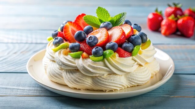 Classic pavlova dessert on a plate with colorful arrangement of fresh fruits like strawberries, blueberries and kiwi atop whipped cream, breakfast, dessert
