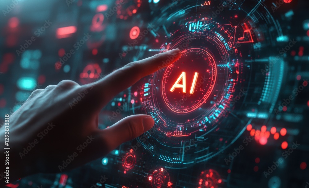 Poster Engineer launching artificial intelligence on futuristic interactive display