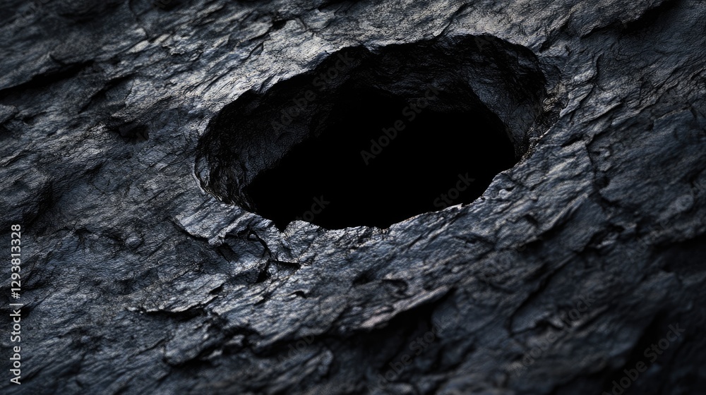 Poster intricate dark stone texture with a hollow or cave-like hole, emphasizing the earthy and natural app