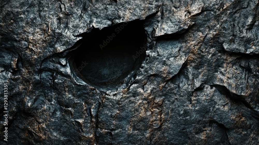 Poster intricate dark stone texture with a hollow or cave-like hole, emphasizing the earthy and natural app