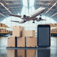 international air travel and airport freight logistics. boxes, online delivery services, smartphones, phone screens, and aeroplanes. realistic picture 