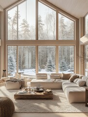 Fototapeta premium The large living space shows the snow covered scenery