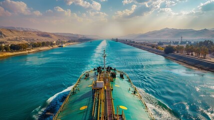 A cargo vessel moves steadily through a wide canal, flanked by mountains and lush greenery under a bright sky. The afternoon sunlight creates reflections on the water's surface.