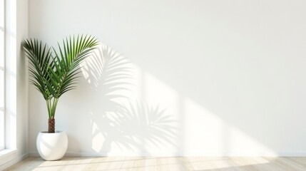 Serene Minimalist Room Interior with Palm Plant and Sunlight Shadow on White Wall