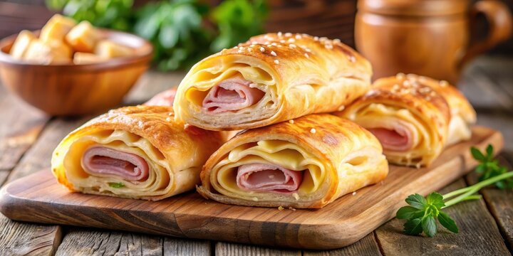 Flaky pastry rolls filled with salty ham and melted cheese, perfect for a satisfying snack or light lunch, food, baked goods