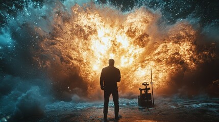 Obraz premium Dramatic Explosion at Night with Silhouette of a Person in Focus