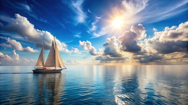 Un vaste voilier en pleine mer avec un soleil et des nuages blancs au loin, Sailing in the open sea, sailboat