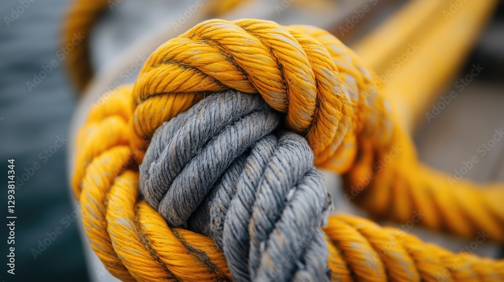 Poster Macro shot of a yellow and gray rope tied to a boat, with the knot and textures visible in high resolution
