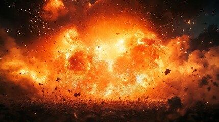Intense Explosive Blast with Fire and Debris in Dark Environment