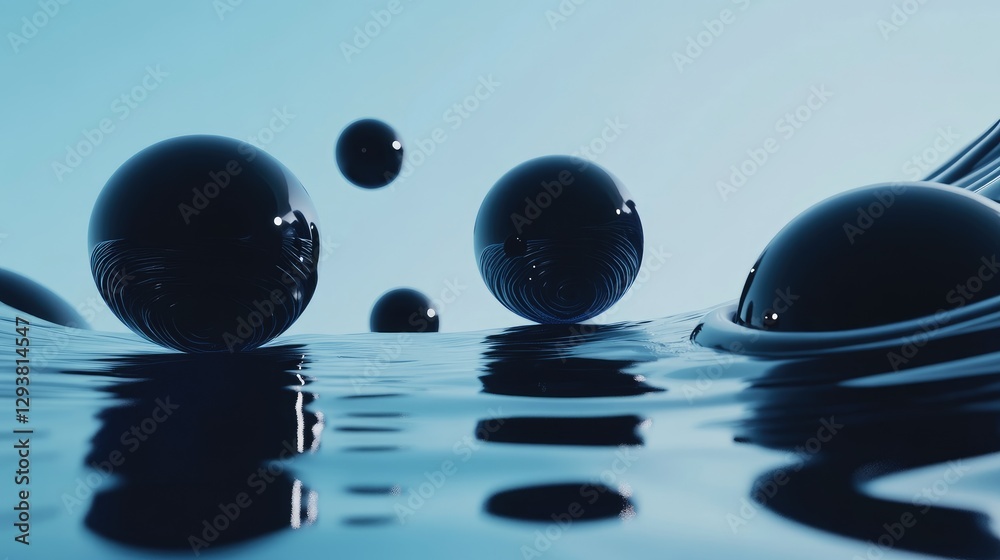 Poster modern abstract design featuring floating black spheres in a calming blue environment, ideal for cre