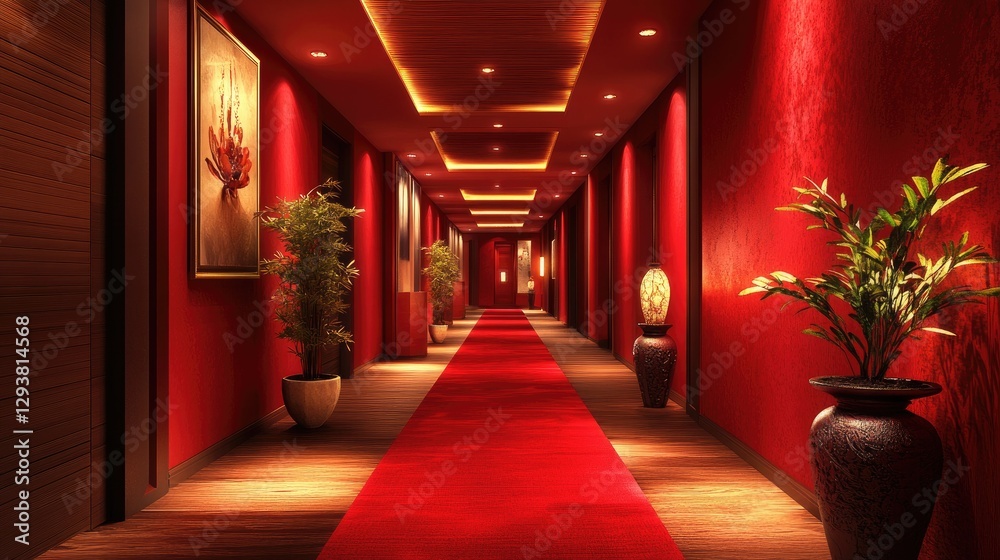 Poster Modern red corridor with clean lines and dramatic lighting, creating a bold and sophisticated atmosphere
