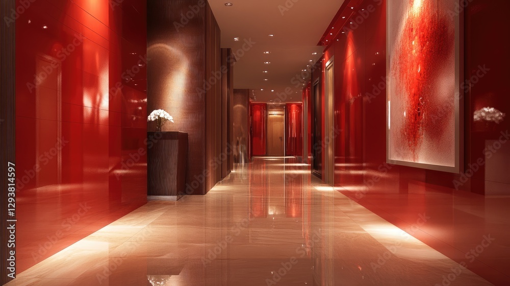 Poster Modern red corridor with clean lines and dramatic lighting, creating a bold and sophisticated atmosphere