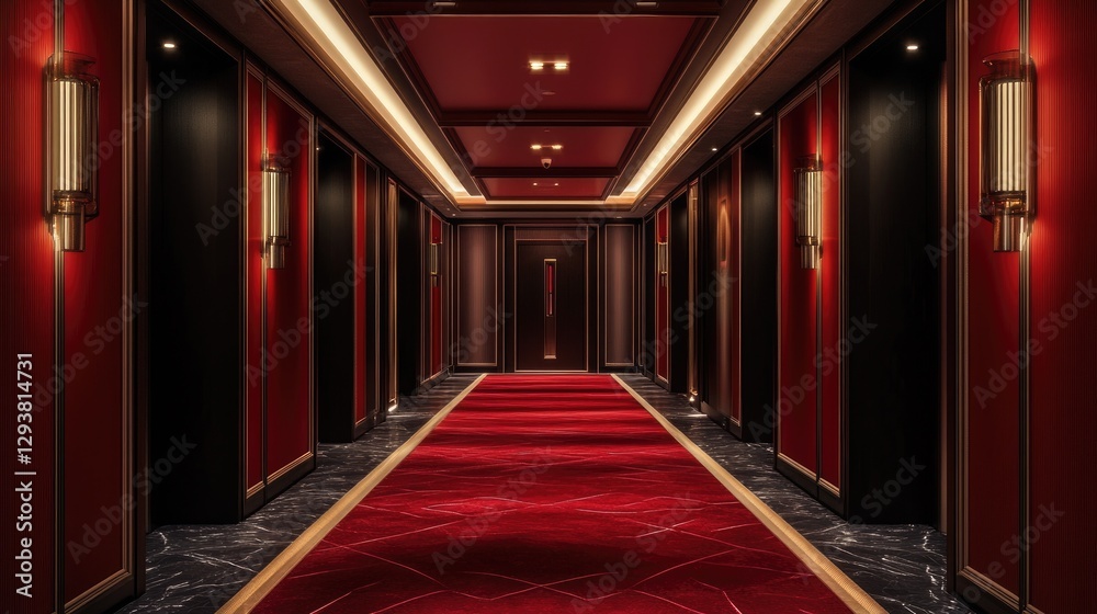 Poster modern red corridor with clean lines and dramatic lighting, creating a bold and sophisticated atmosp