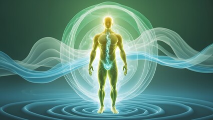 A human silhouette shines with radiant vitality, embraced by pure, flowing energy waves in soft green and blue, representing deep cleansing, cellular renewal, and natural detoxification.