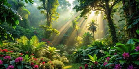 Dense foliage and vibrant flowers amidst towering trees in a Southeast Asian jungle clearing, with sunlight filtering through the canopy above, flowers, forest floor