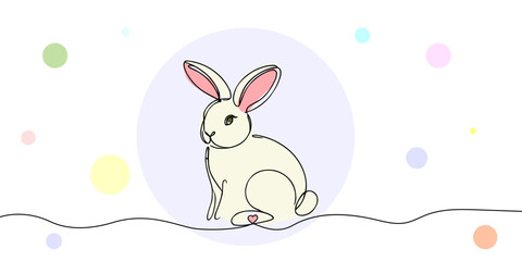 Continuous one line drawing of Easter Bunny. Cute rabbit silhouette with ears in simple linear style for spring design greeting card and web banner.Editable stroke. Minimalistic Vector illustration