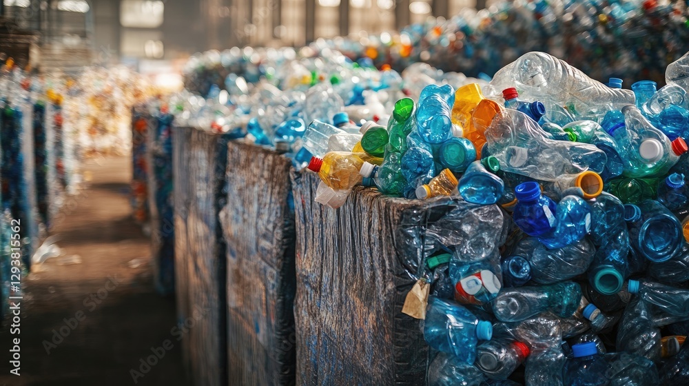 Poster piles of crushed plastic bottles in a recycling facility, ready to be sorted and processed for envir
