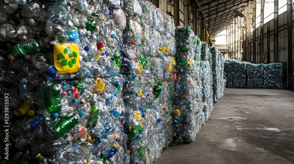 Poster piles of crushed plastic bottles in a recycling facility, ready to be sorted and processed for envir