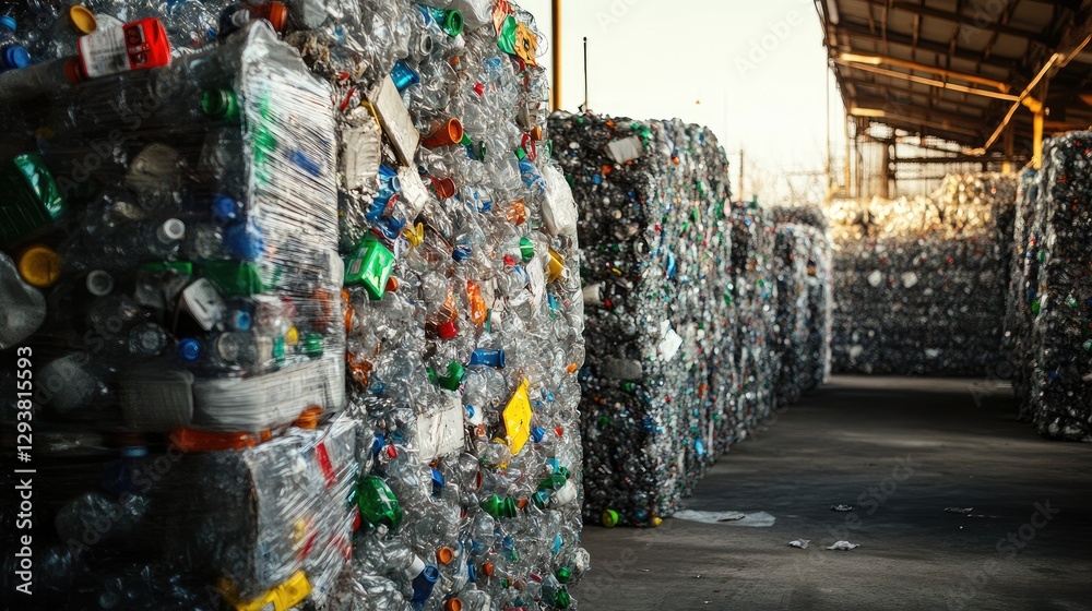 Poster piles of crushed plastic bottles in a recycling facility, ready to be sorted and processed for envir