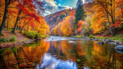 Serene autumn landscape with vibrant colors and a tranquil river flowing through the valley amidst trees with fallen leaves
