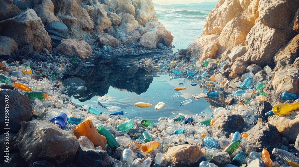 Poster piles of plastic waste and bottles trapped in tide pools on a beach, emphasizing the harmful effects