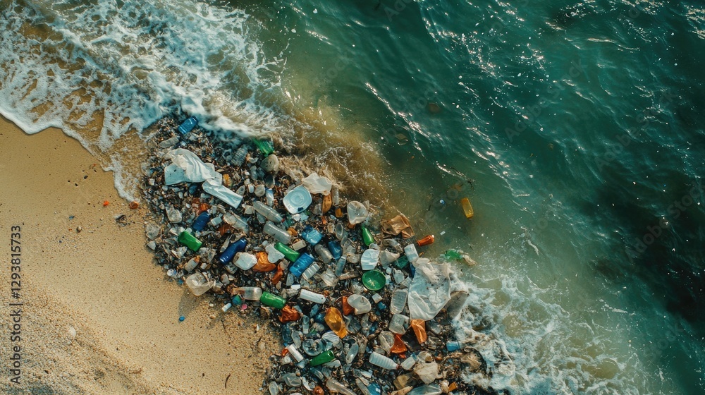 Poster piles of plastic waste and bottles trapped in tide pools on a beach, emphasizing the harmful effects
