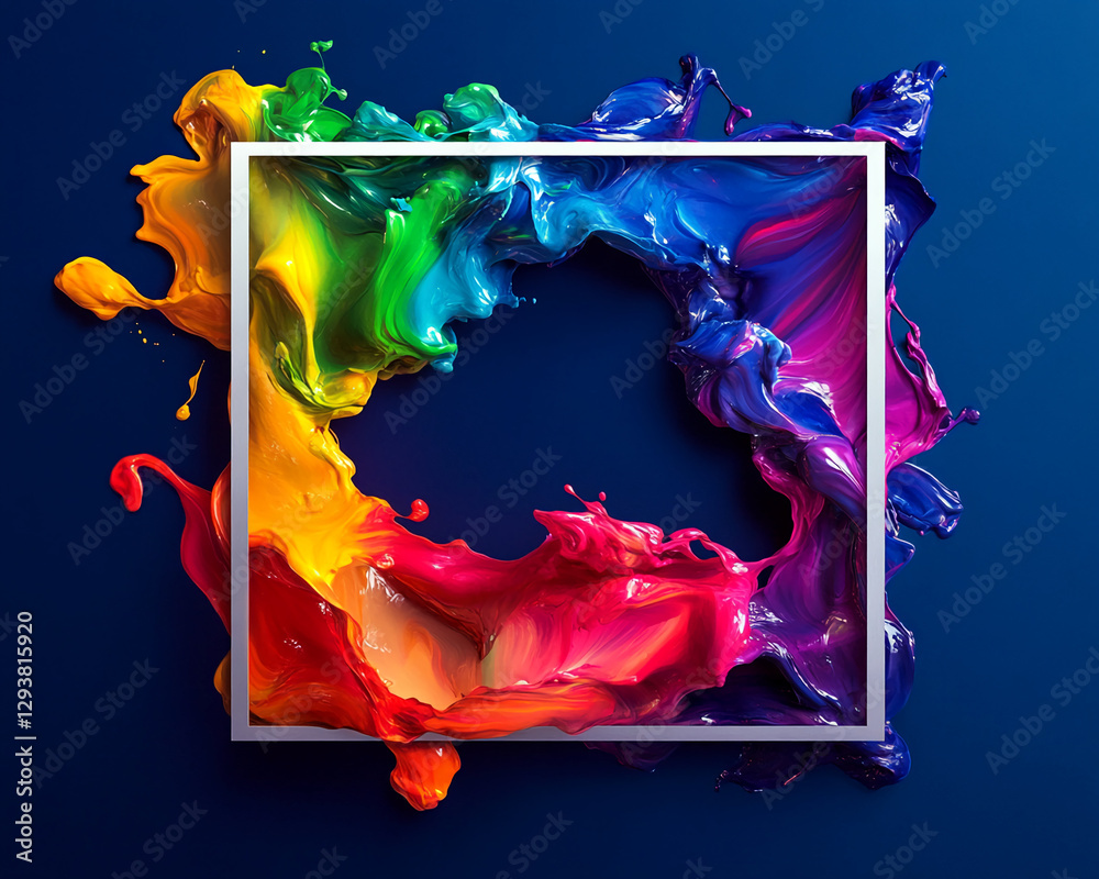 Poster colorful splashes of paint in a variety of bright colors forming a vibrant explosion inside a white 