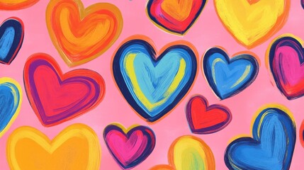 Playful heart illustrations in bright colors on a soft pink backdrop, perfect for Valentine Day, romantic projects, or cheerful graphic design work