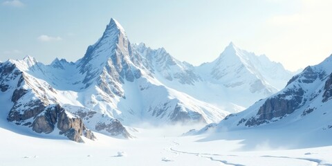 Serene Winter Landscape Majestic Snow-Capped Peaks and Pristine Valley Floor with Subtle Footprints in the Snow