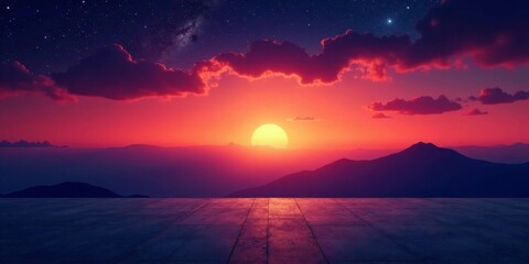 Fototapeta premium Serene Sunset Over Majestic Mountainscape with a Starry Sky and Empty Platform