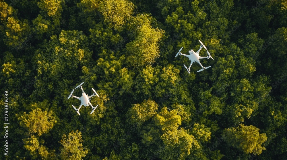 Poster researchers using drones and digital technology to monitor environmental impact, promoting sustainab