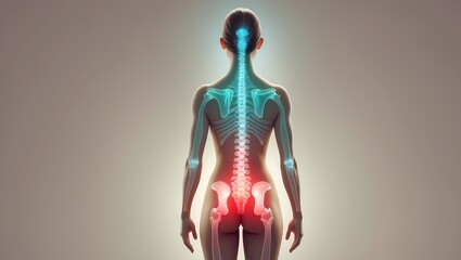 A warm, glowing figure with effortless posture, as a spine-hugging energy wave fades from deep tension-filled red to soothing green and blue, symbolizing relief, fluidity, and holistic wellness.