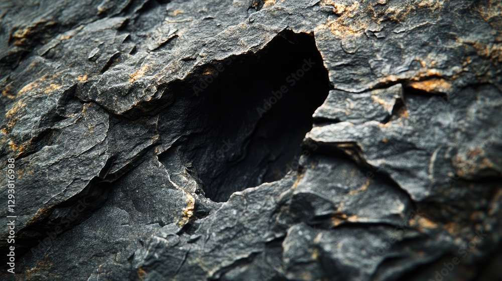 Poster rough, jagged dark stone surface with a visible hole or cavity, showcasing the texture and depth of 