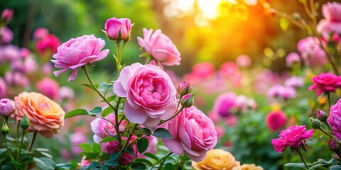 A cluster of pink roses blooming in a vibrant garden, surrounded by lush greenery and colorful flowers , flower bouquet, vibrant garden