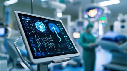 AI-powered healthcare tablet display, intricate biometric scanning, intelligent digital patient monitoring, sleek and clean futuristic hospital