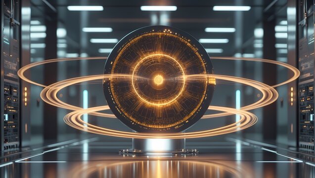 A quantum computer glows with golden energy, suspended in mid-air, surrounded by swirling light trails, its superconducting circuits processing vast data in a sleek, futuristic laboratory.